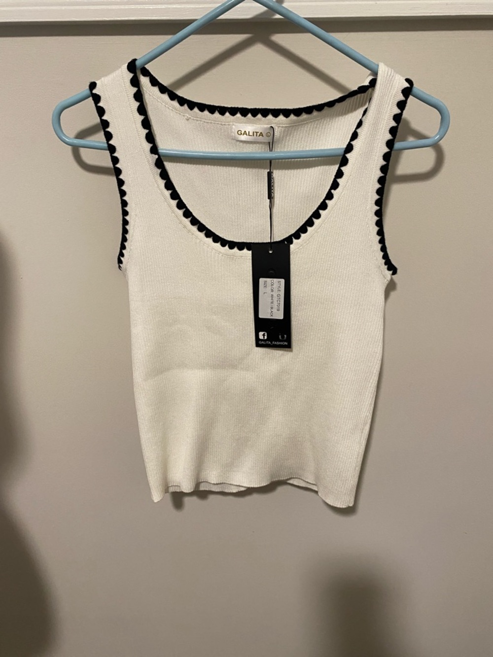 Galita White Ribbed Tank with Black Scallop Trim